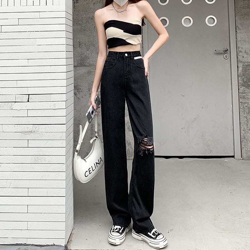 Quần Jeans Nữ Lưng Cao Ống Rộng Rách Gối Thời Trang