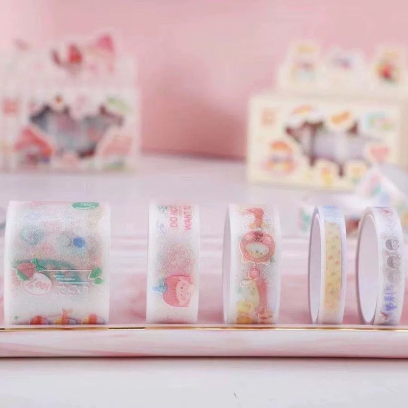 Set 4 cuộn băng dính hình đáng yêu trang trí sổ tay (Giao hình ngẫu nhiên) gồm bản 0.5cm/1cm/1.5cm/2cm/3cm