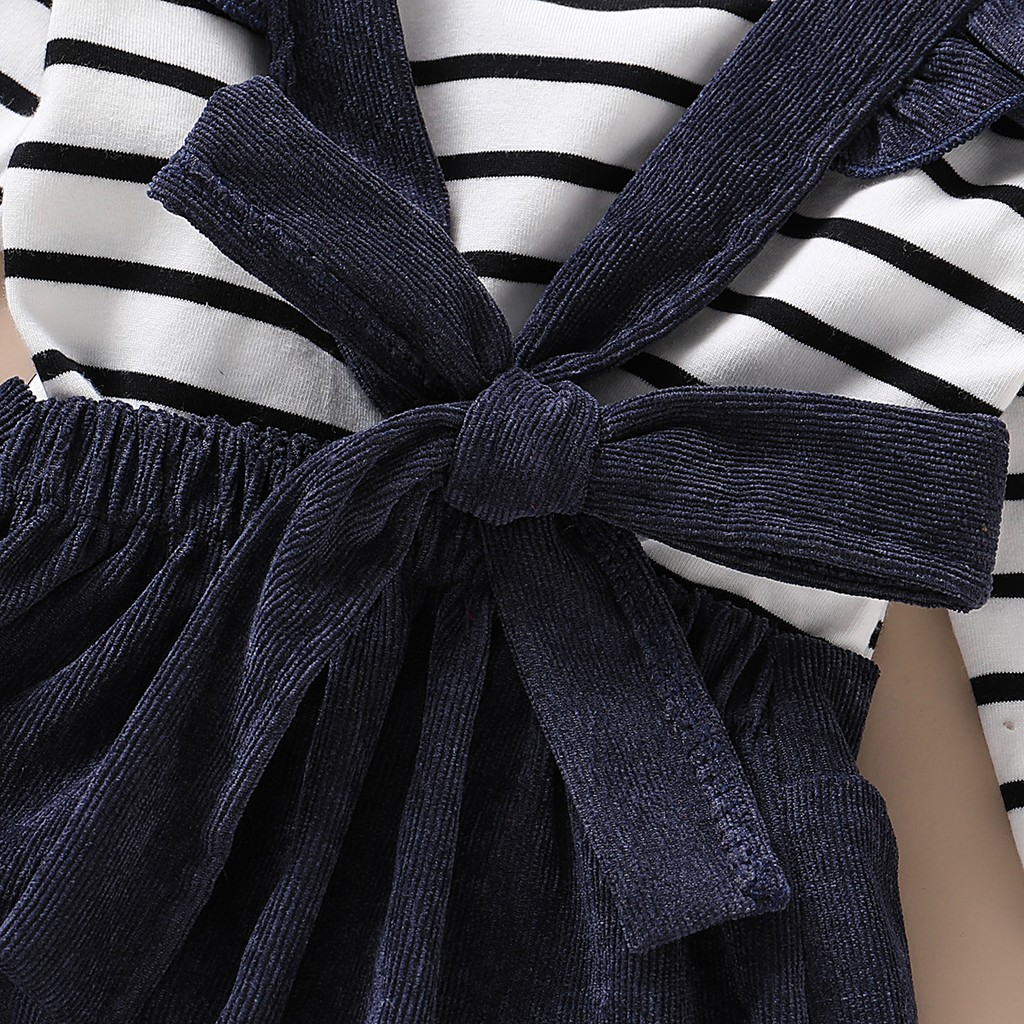 Bộ trang phục MIKRDOO áo tay dài hoạ tiết kẻ sọc và quần có dây đeo vai cotton thời trang mùa thu xinh xắn cho bé gái