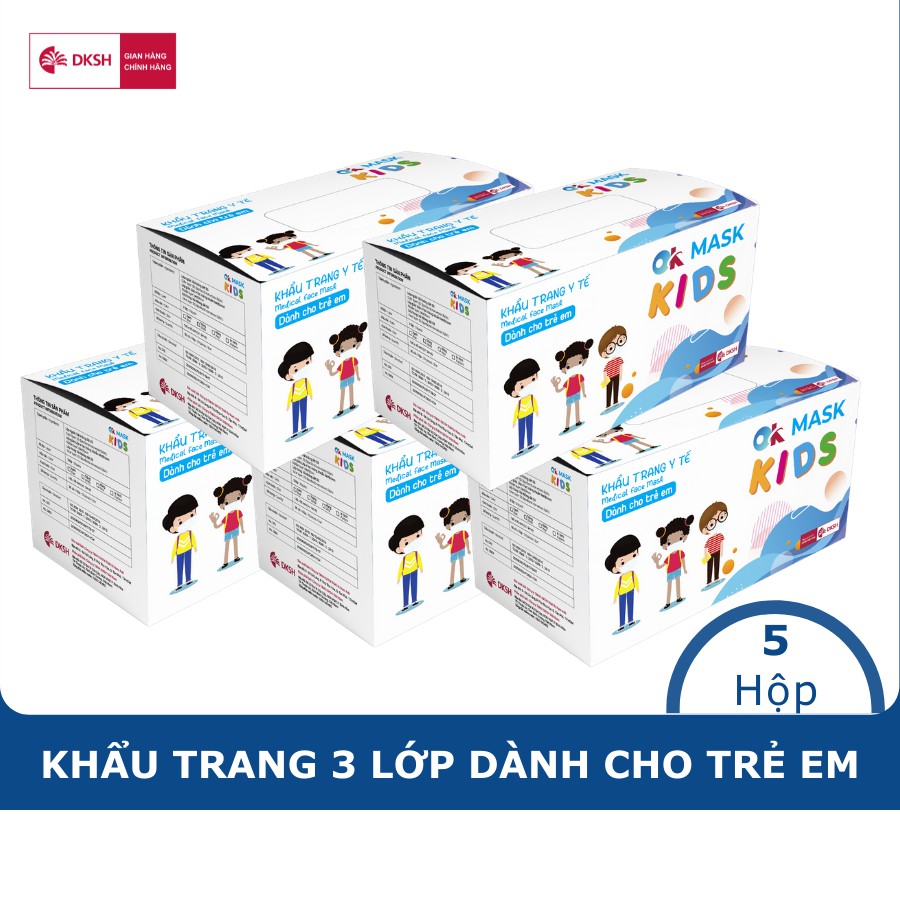 Combo 5 Hộp Khẩu Trang Y Tế Cao Cấp Kháng Khuẩn Ok Mask Màu Trắng Dành Cho Bé, Chất Liệu Mềm Mại,  Không Gây Kích Ứng