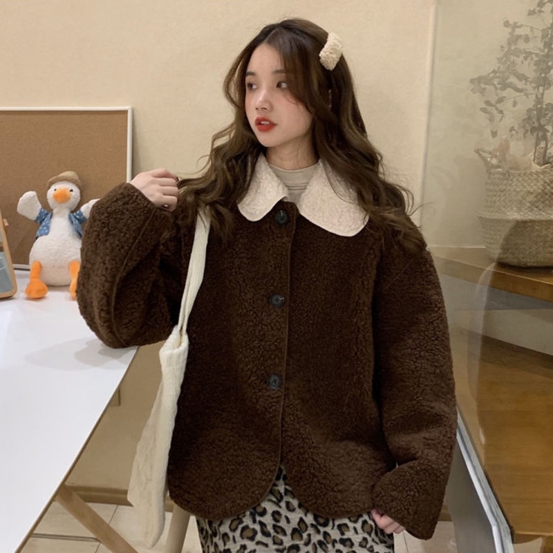 Áo Khoác Len Lông Cừu Tay Dài Cổ Búp Bê Màu Sắc Tương Phản Phong Cách Hàn Quốc Dành Cho Nữ