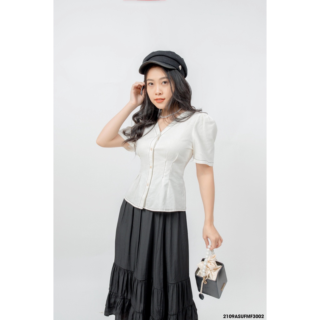 Áo kiểu phối viền cổ tim nữ FM style tiểu thư tay bông mặc đi chơi đi làm thanh lịch tiểu thư 210930050