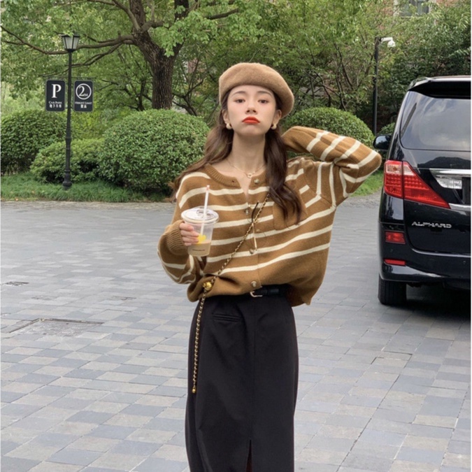 ihkke Áo khoác Cardigan dáng rộng in sọc thời trang Hàn Quốc sành điệu