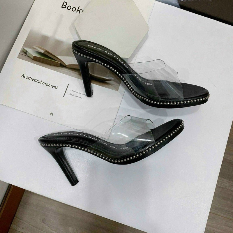 Guốc mica viền bi lót chữ WA gót nhọn 8p (hàng đẹp)