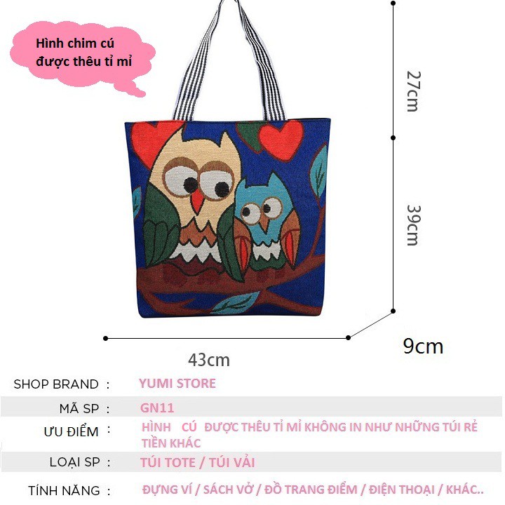 Túi Tote Vải Canvas Thêu Hình Chim Cú Mèo Thời Trang Đeo Chéo GN11-I