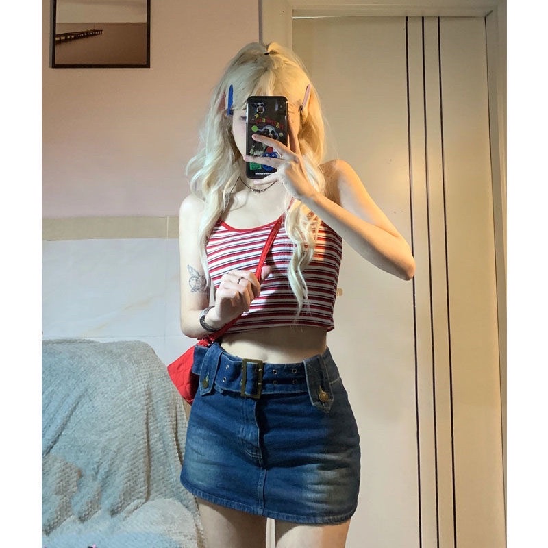Áo 2 dây kẻ đỏ, áo 2 dây màu đỏ croptop