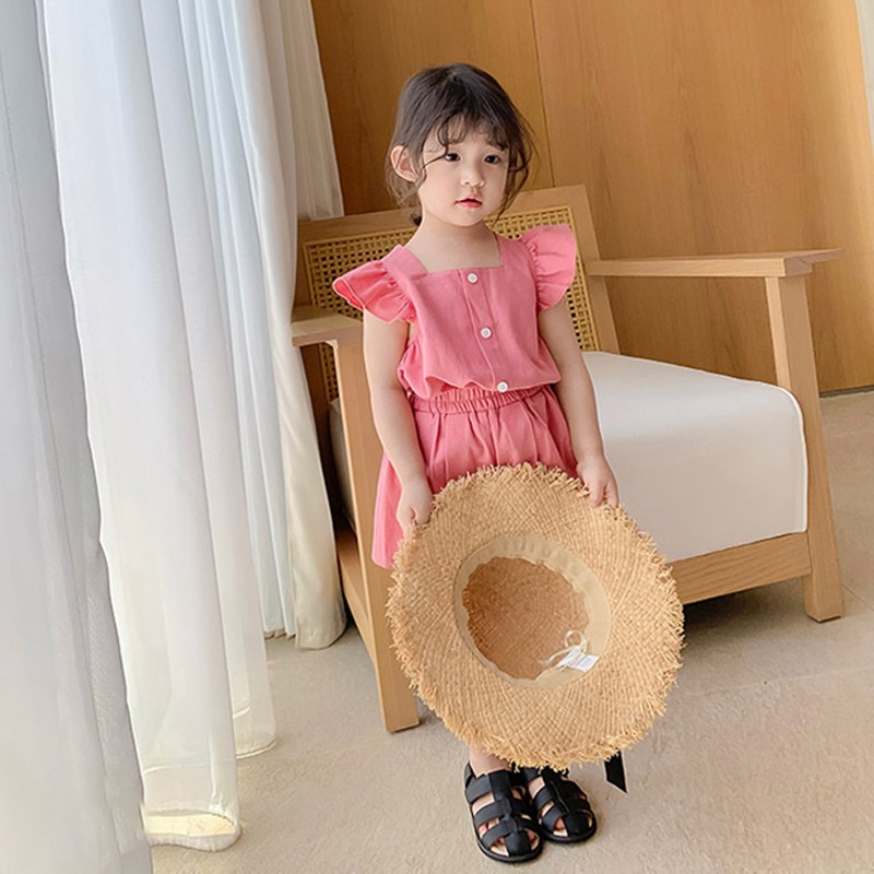 Mới Set Đồ Mùa Hè 2 Món Gồm Áo Không Tay Xòe Màu Trơn + Quần Short Dáng Rộng Cho Bé Gái 1-7 Tuổi