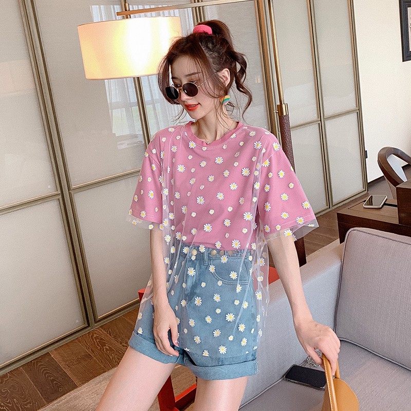 SUXI Áo Thun Tay Ngắn Dáng Rộng Phối Lưới Họa Tiết Hoa Cúc Xinh Xắn Thời Trang Mùa Hè Cho Nữ