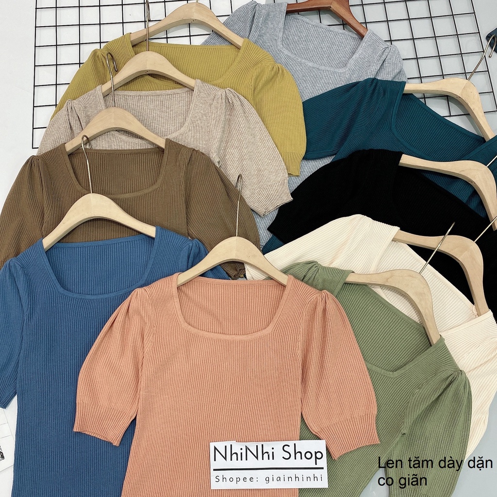 Áo len tăm cổ vuông tay bồng, Áo kiểu cổ U ngắn tay bo chun co giãn AS8511 - NhiNhi Shop