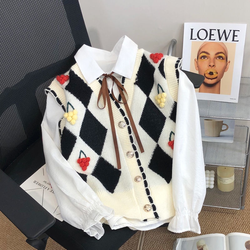 Áo Khoác Cardigan Dệt Kim Sát Nách Họa Tiết Cherry Dễ Thương Cho Nữ  tao bao