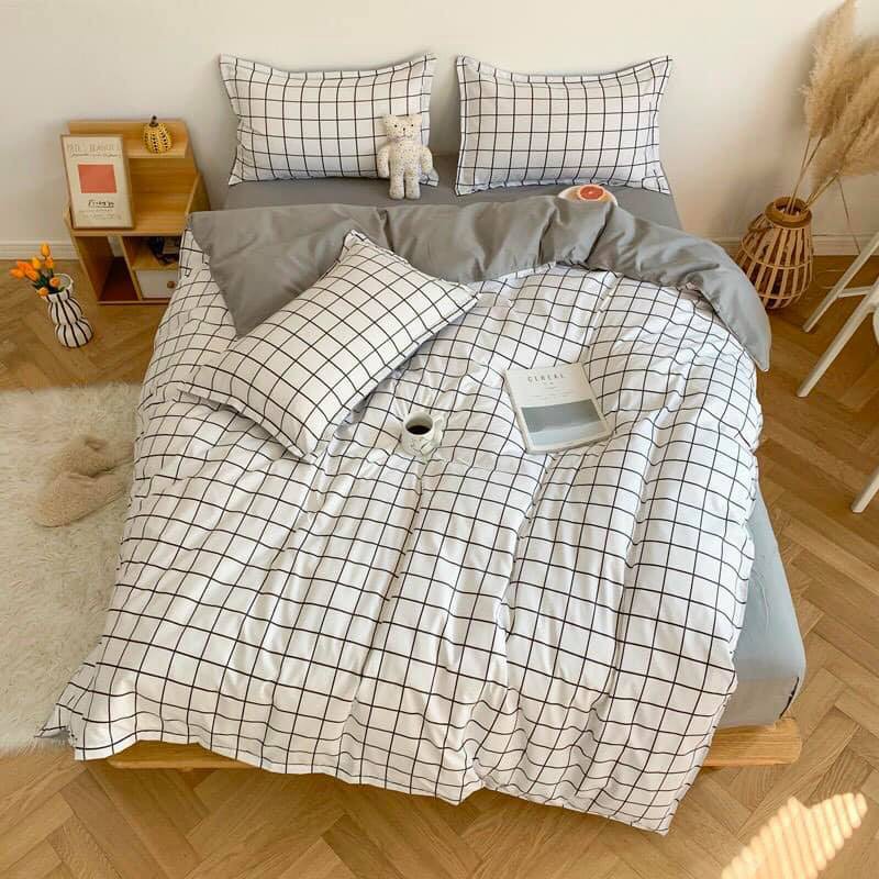 Decor phòng ngủ nhỏ tối giản bộ Chăn ga gối Cotton tone xám kẻ vuông Minimalist Style Chato Bedding