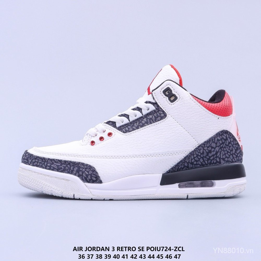 Giày bóng rổ Air Jordan 3 bằng da phong cách retro màu trắng/đen/đỏ