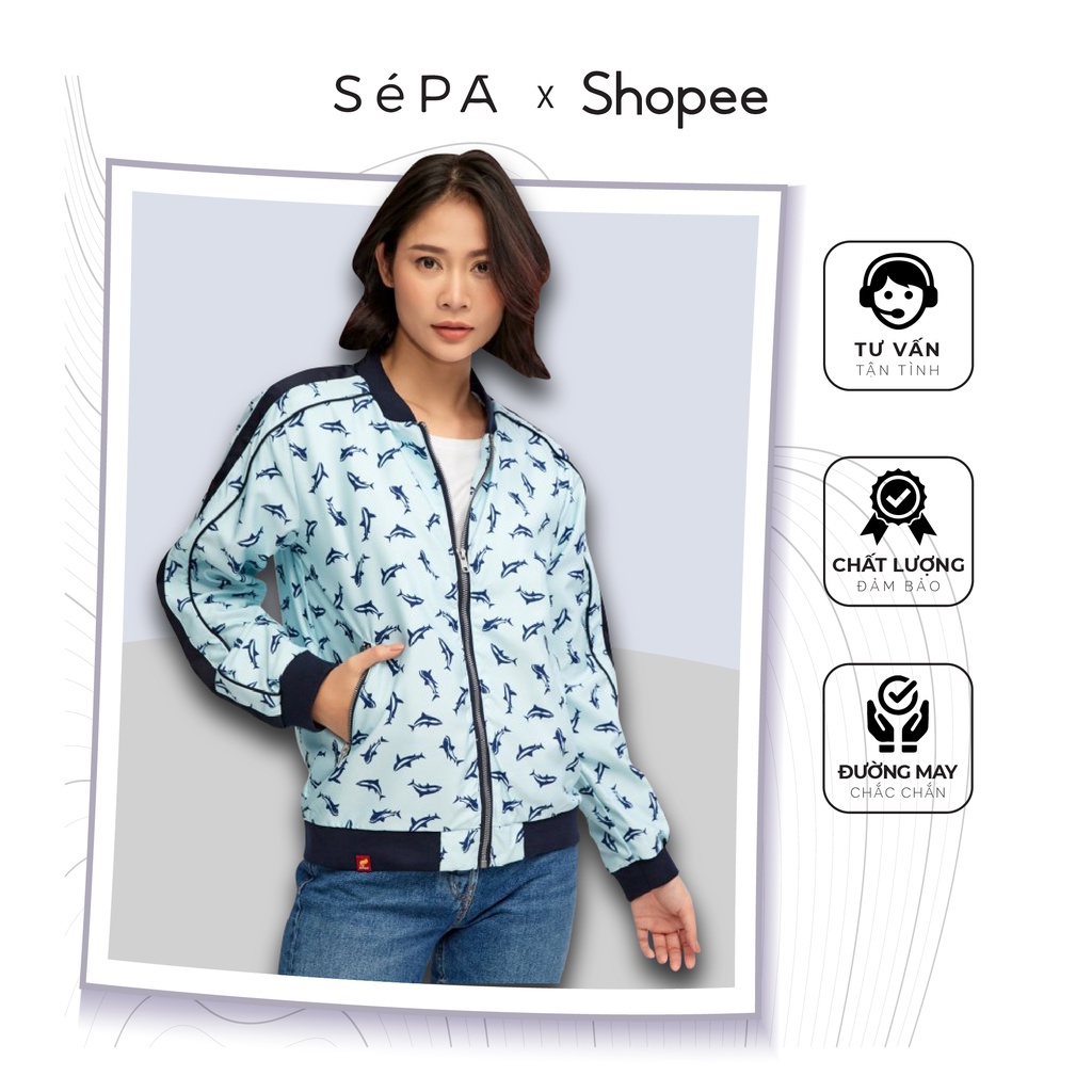 Áo khoác bomber 2 lớp, chống nắng, thời trang nữ, thể thao bóng chày, SePA, hoạ tiết cá heo vui vẻ, 