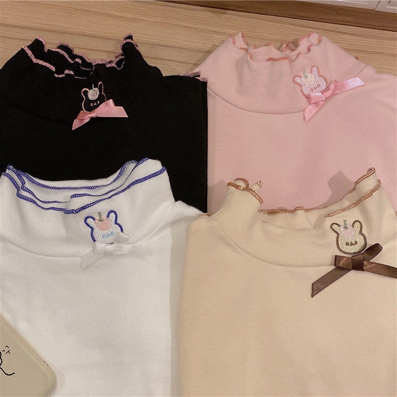 Áo Thun Tay Dài Cổ Cao Phối Lông Đính Nơ Dễ Thương Cho Nữ Sinh