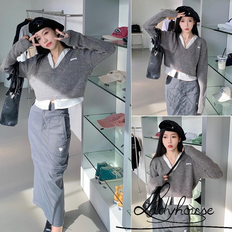 Áo Thun Dệt Kim Mỏng Tay Dài Cổ Chữ V Màu Sắc Tương Phản Cho Nữ