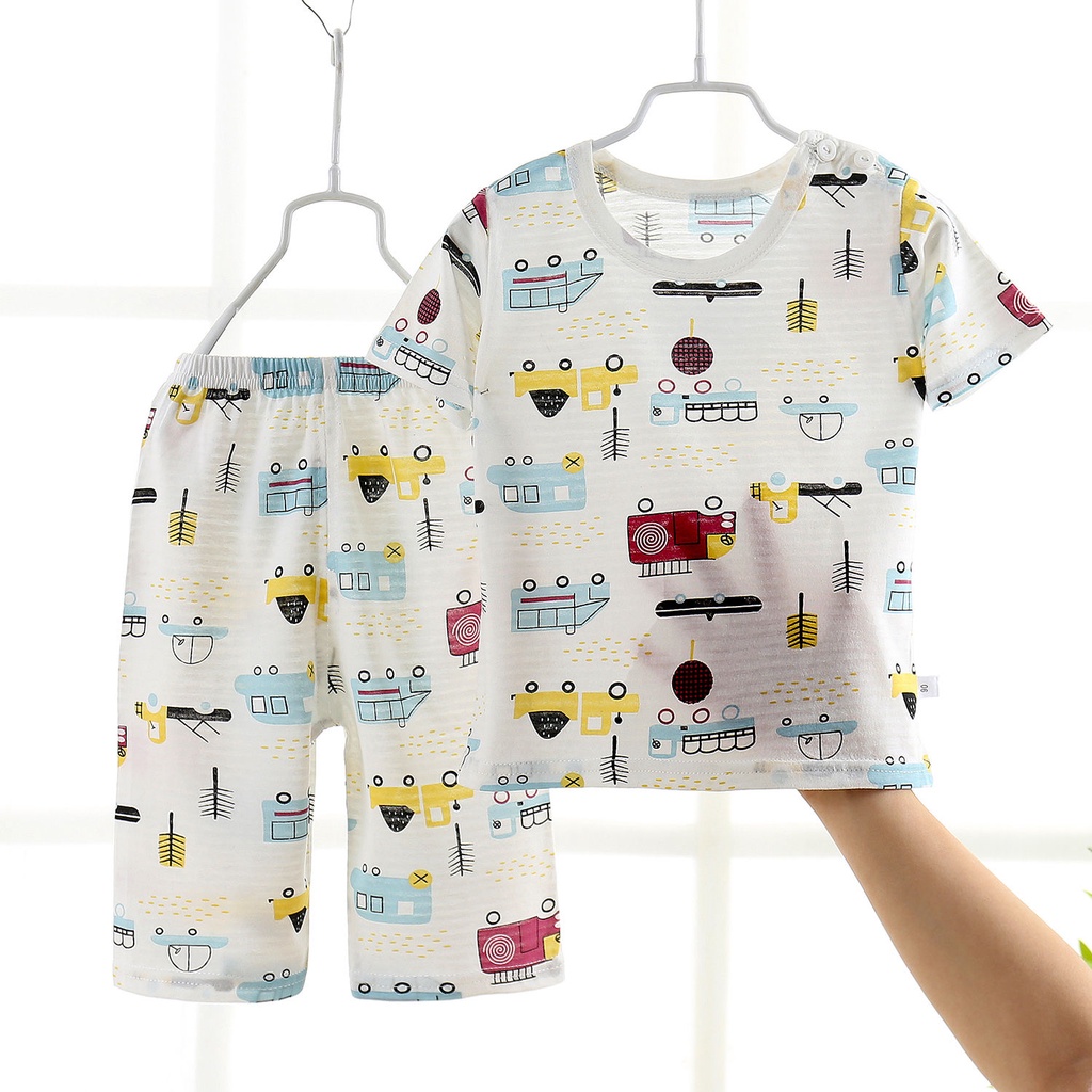 Đồ bộ ngắn tay / dài trẻ em, mặc nhà bé trai, áo thun cotton mỏng gái, quần điều hòa choE