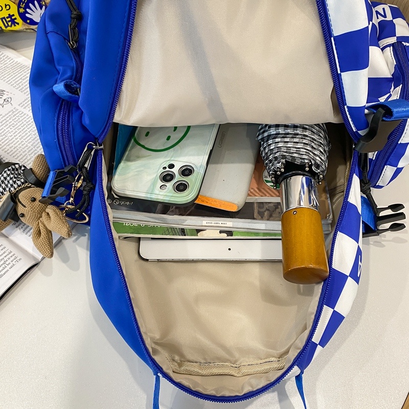 Ba Lô Đeo Vai Kích Thước Lớn In Họa Tiết Caro Màu Xanh Dương Thời Trang Cho Nam Và Nữ Sinh Trung Học