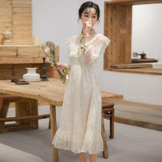 [Cửa Hàng Hợp Thời Trang Tuyệt Vời]✨ Đầm Lưới Tay Dài Phối Ren Phong Cách Pháp Cổ Điển