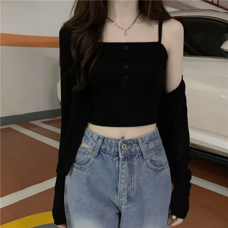 Set Áo Hai Dây Nữ Dáng Croptop + Áo Khoác Thun Gân Dáng Croptop Nữ Tính Summer 2022