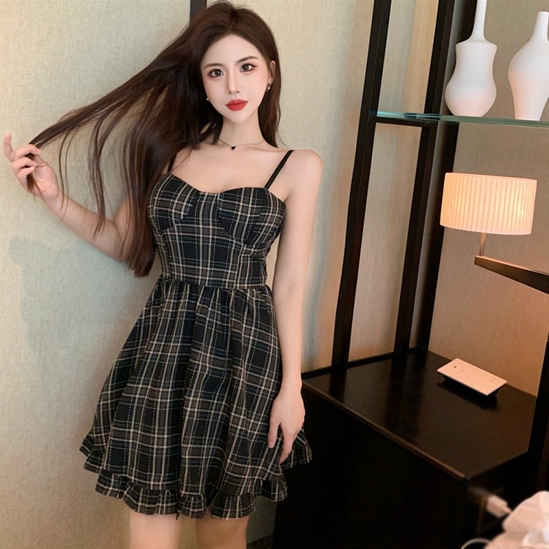 Đầm Hai Dây Họa Tiết Sọc Caro Phong Cách Hàn Quốc Thời Trang Mùa Hè Cho Nữ