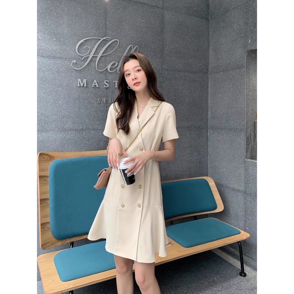 Đầm kiểu xinh bigsize cho nàng, đầm kiểu hai hàng cúc chân bèo xinh có hai màu đen và kem cho nàng