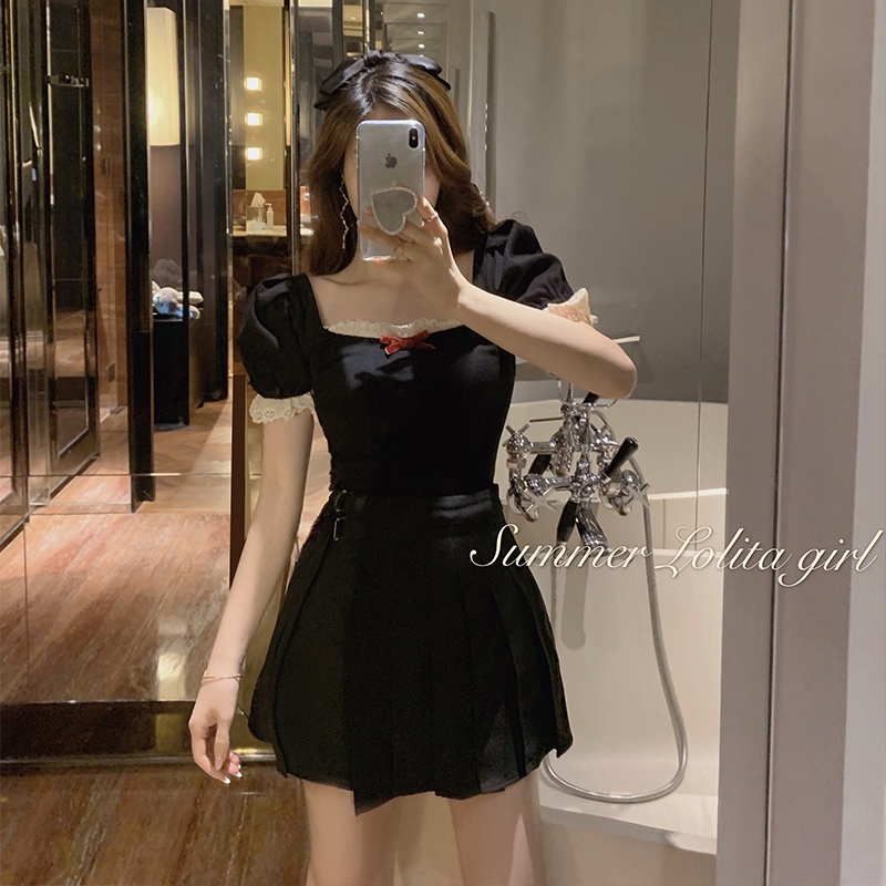 DUNEA Đầm Dệt Kim Cổ Vuông Tay Phồng Ôm Dáng Phối Dây Thắt Thanh Lịch Cho Nữ