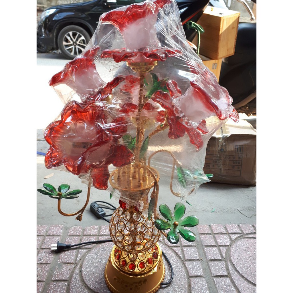 compo 2 cây đèn thờ lọ hoa 5 bông thủy tinh pha lê cao cấp 60cm