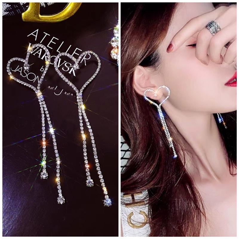 Bông tai tim dài đính đá sang chảnh phong cách hàn quốc