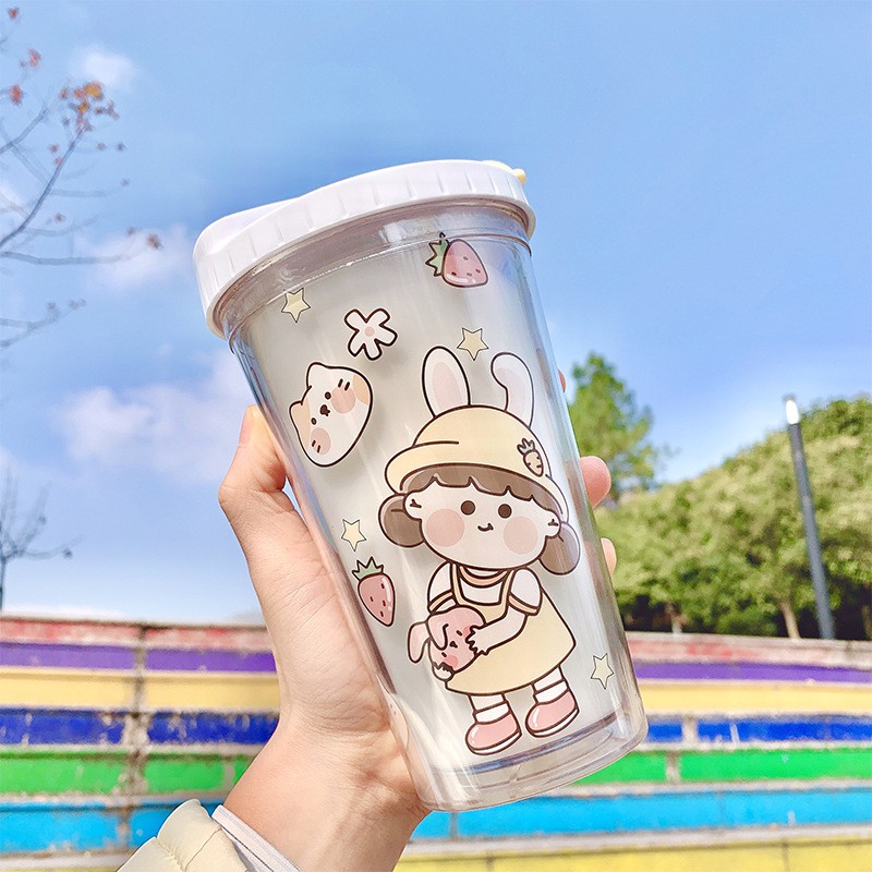 Cốc Nhựa 2 Lớp Uống Trà Sữa Kèm Ống Hút Trendy