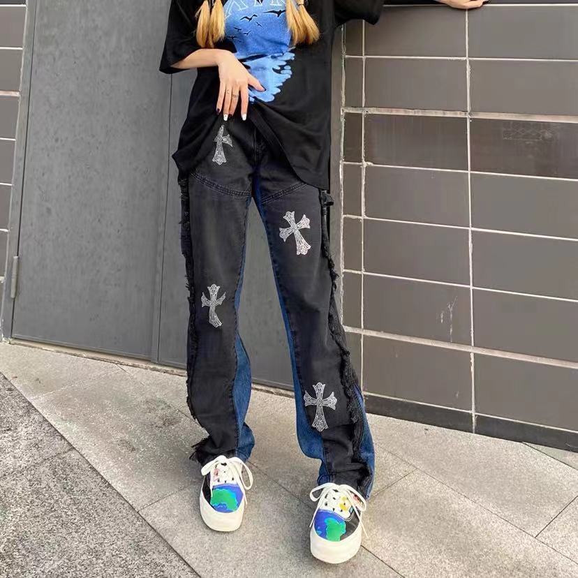 ▲✢▫Quần Jean In Chữ Thập Màu Sắc Tương Phản Thời Trang Đường Phố Cao Cấp Cho Nam Và Nữ