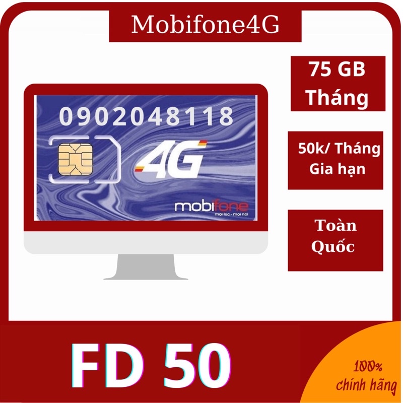 Sim 4G Mobifone FD50-Chia Sẻ-75GB/tháng-Gia hạn 50k/tháng