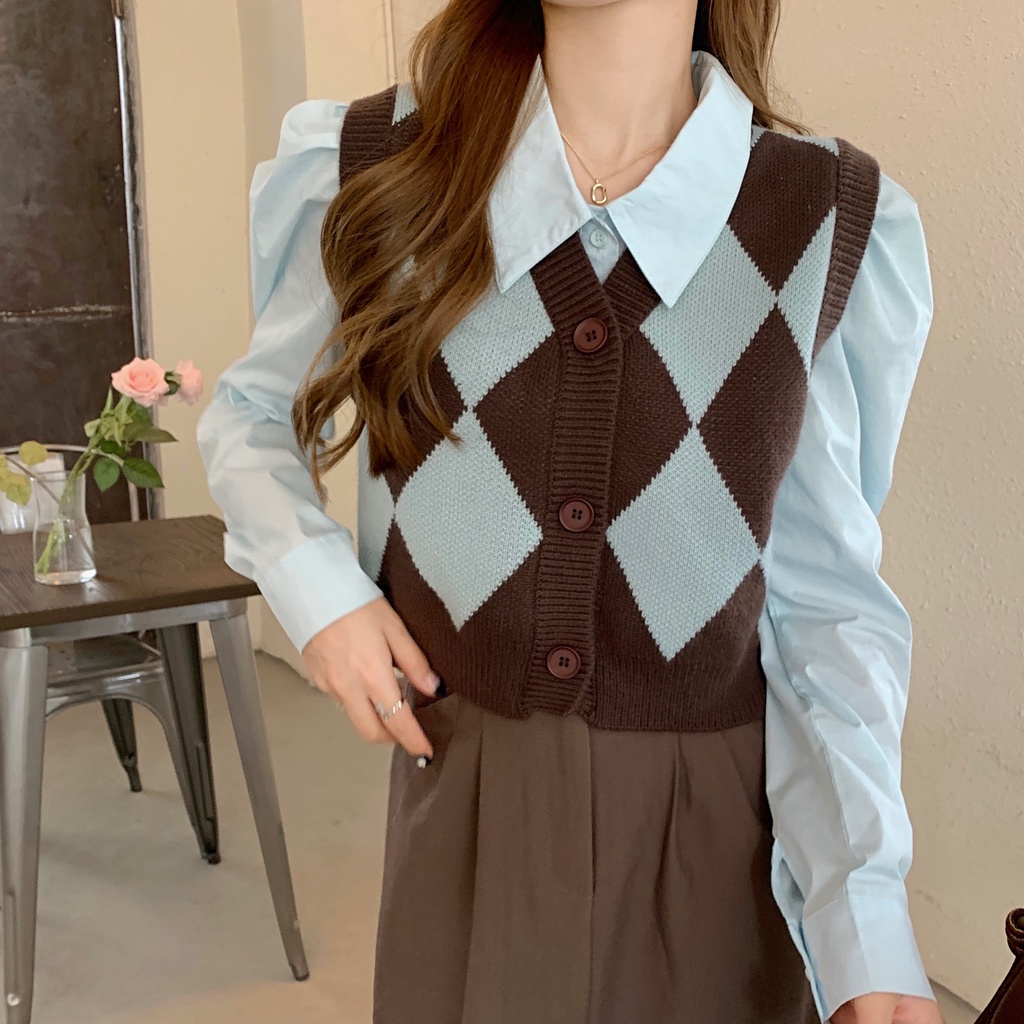 Áo len không tay họa tiết sọc theo phong cách Hàn Quốc