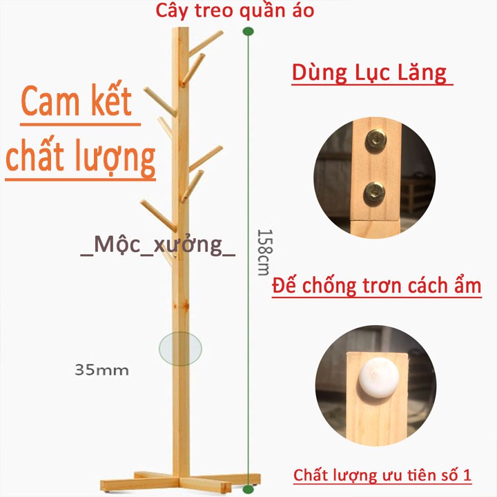 Cây treo quần ao Minnie túi xách gỗ thông cao cấp 8 móc cài - Giá móc đồ chân có cao su cách ẩm - KT :153 x 4.5 x 4.5 cm