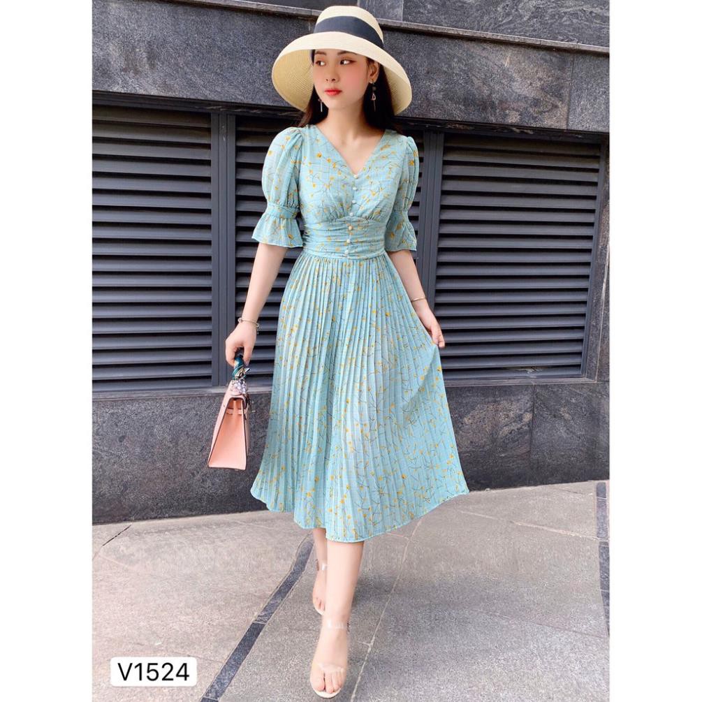 Váy Hoa Xanh Dập Ly 🎀FREESHIP🎀 Váy Thiết Kế Cao Cấp DVC - Teemo Store