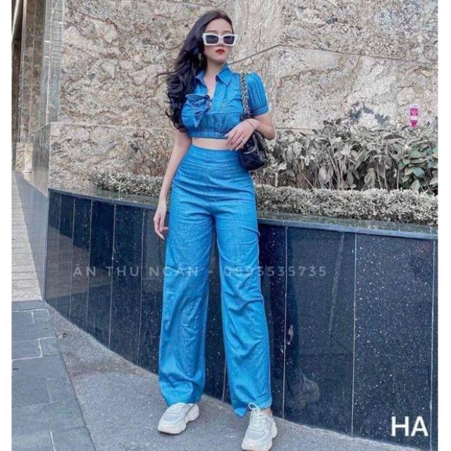 Set nữ xanh jean mềm áo sơ mi croptop cột nơ mix quần suông SC