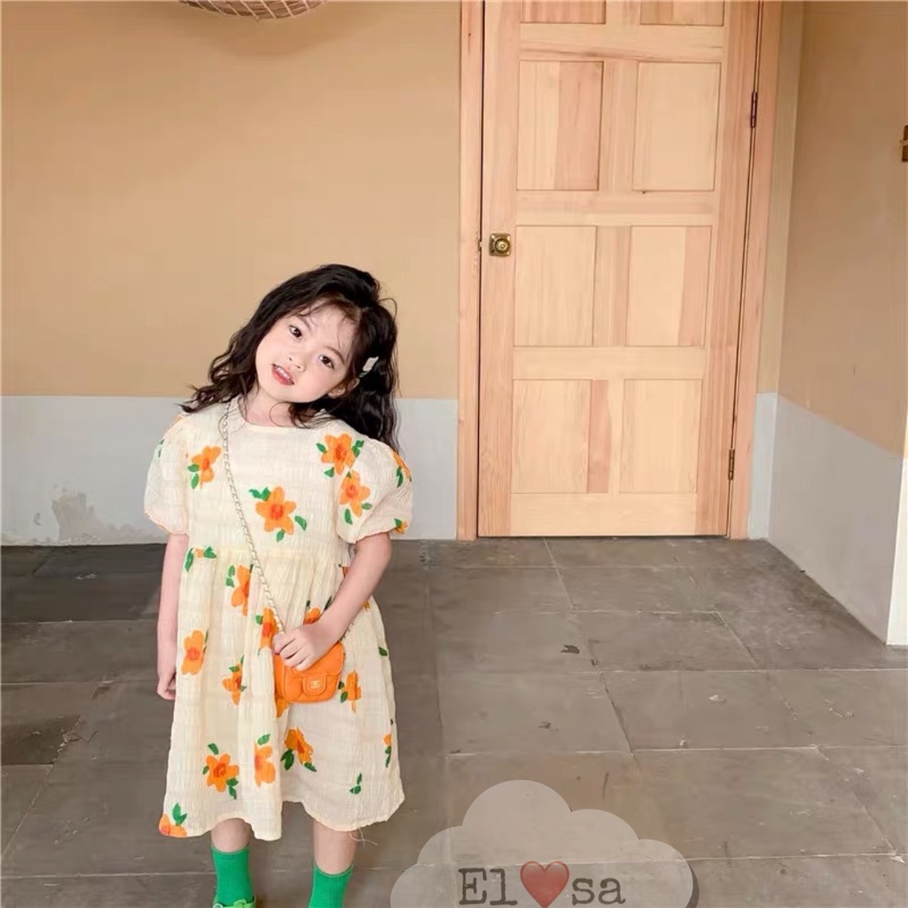 ĐẦM BÉ GÁI-Váy bé gái hoa cam tay bồng vải đũi xốp dễ thương ANNAKIDS
