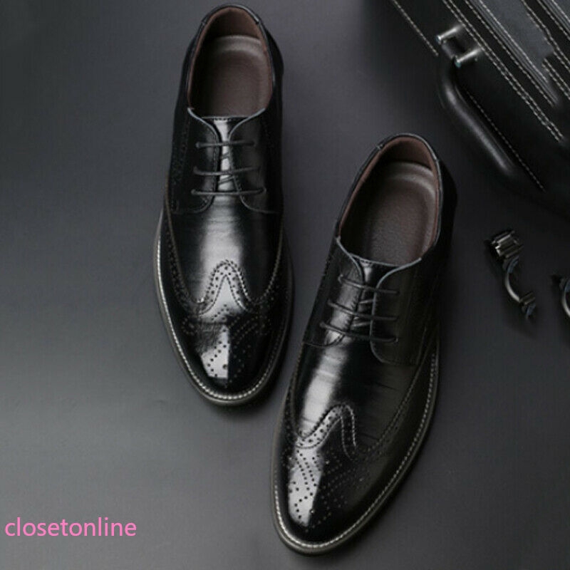 Mens Plain Carved Pointed Leather Shoes Lace-up Formal Evening Party