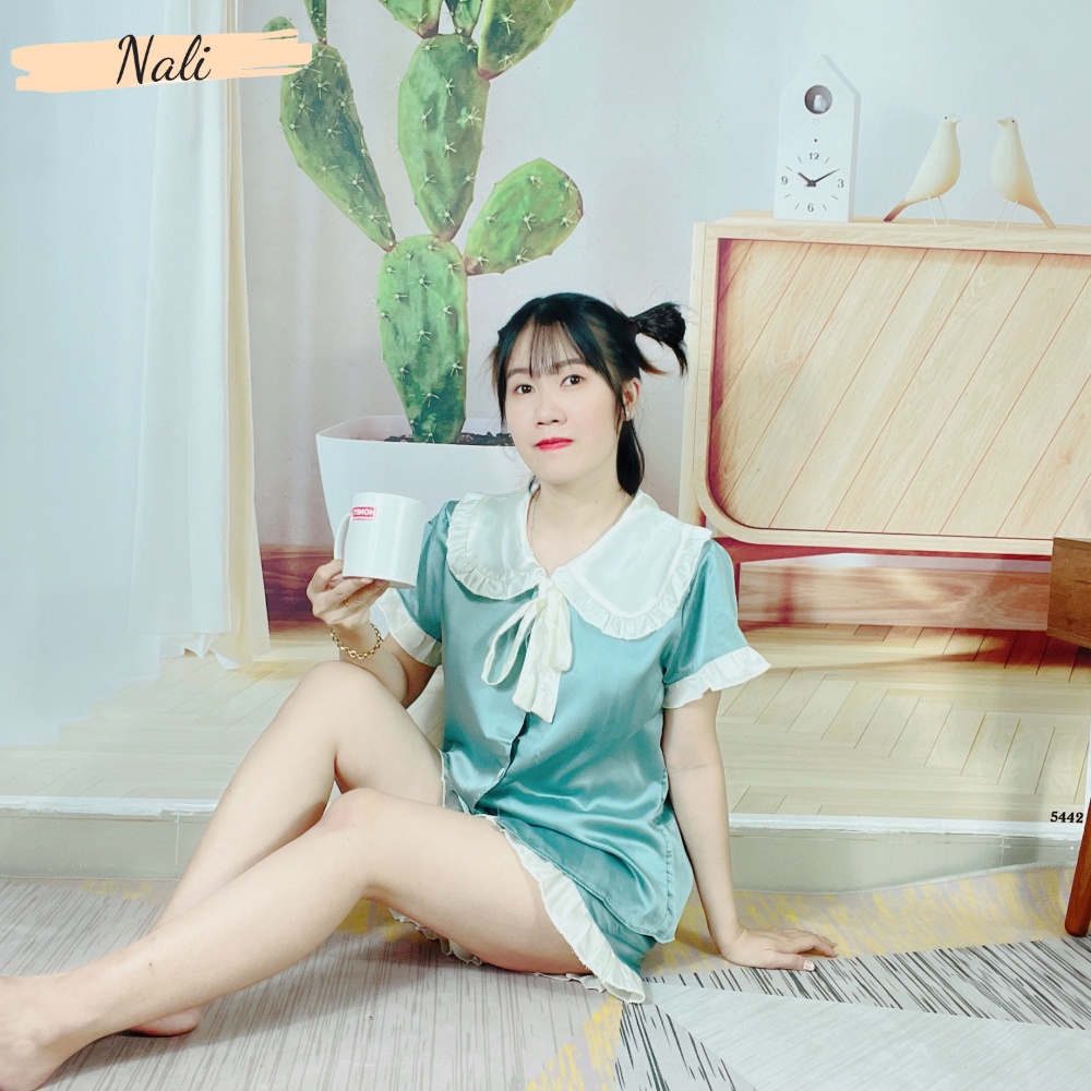 Bộ pijama satin mềm mát, bộ đồ ngủ cộc tay cổ thắt nơ công chúa dễ thương, mát mẻ hàng loại 1 NL139