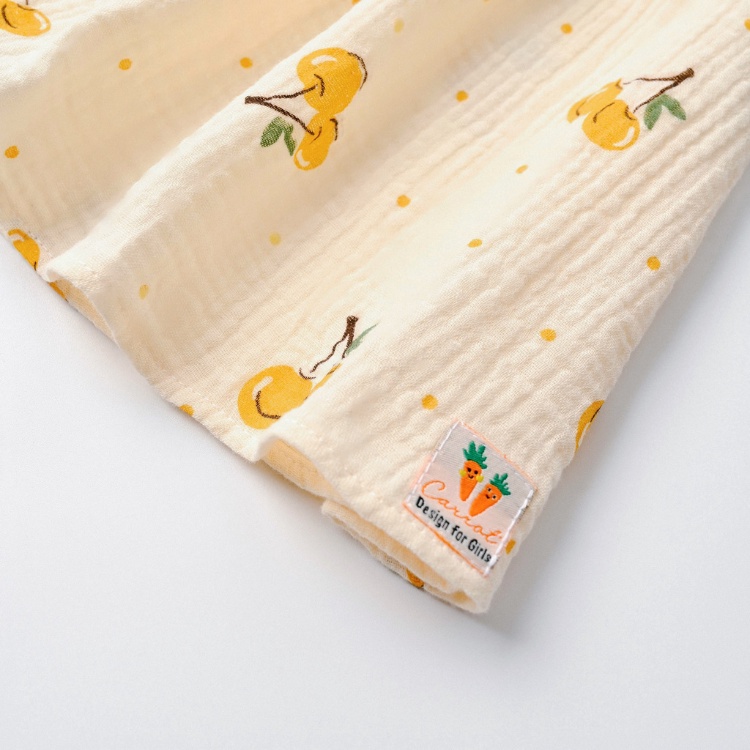 Váy Bé Gái Carrot Đầm Xòe Tay Lỡ Cổ Sen, Họa Tiết Quả Cherry, Chất Xô Muslin Mềm, Thoáng Mát