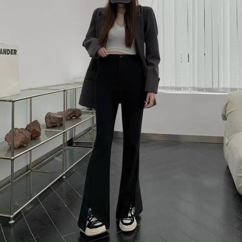 Quần vải loe xẻ gấu cạp cao hách dáng