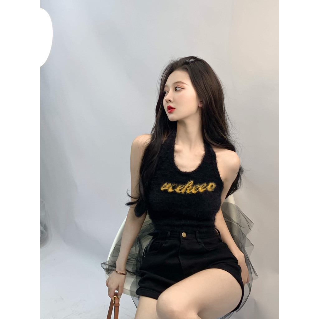 Áo Hai Dây Dệt Kim In Chữ Thời Trang Cho Nữ