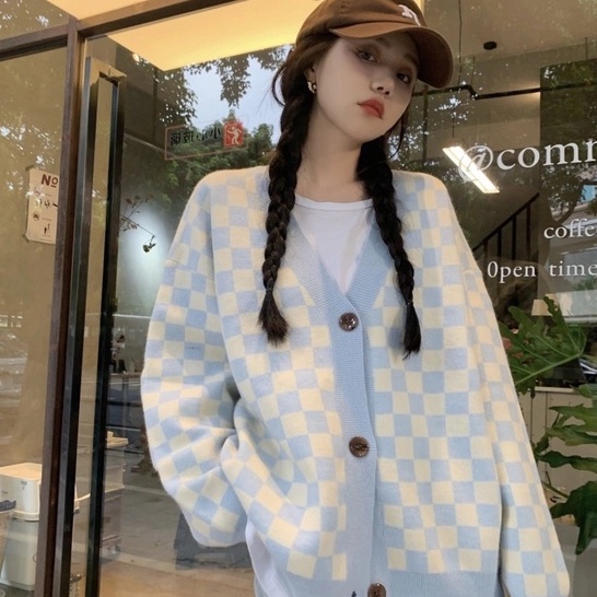Áo Cardigan Dệt Kim Họa Tiết Caro Thời Trang Becky