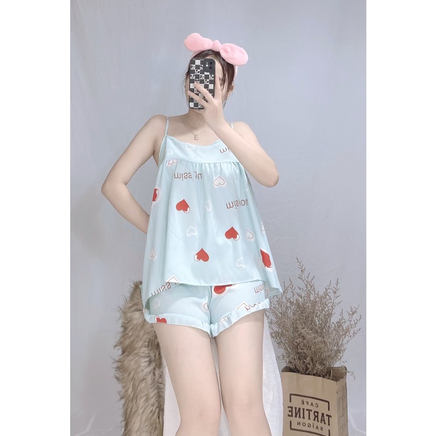 Đồ ngủ 2 dây quần đùi chất liệu lụa , set đồ siêu xinh dành cho các bạn nữ freesie dưới 57kg