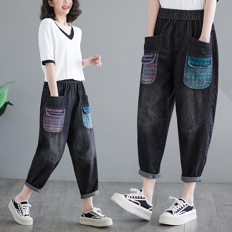 H05 Quần bò bigsize cạp chun có túi 2 bên phối màu thời trang