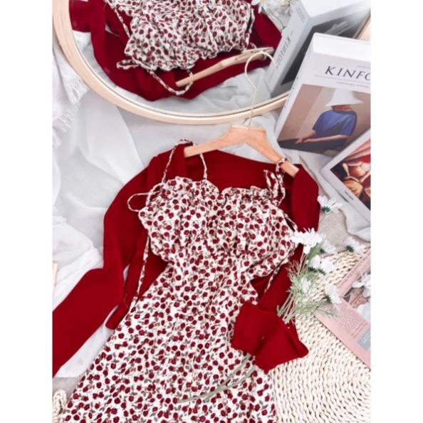 Set váy nữ VAYO Đầm 2 dây nữ hoa nhí dáng dài xòe đỏ và áo khoác cardigan croptop dài tay vải len mềm mịn đẹp thời trang | BigBuy360 - bigbuy360.vn