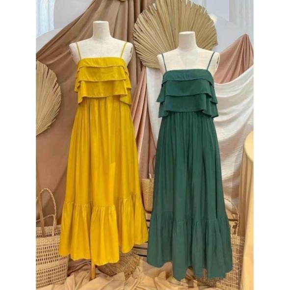 Đầm Maxi Đũi Hai Dây Ngực Xếp Tầng Bèo Dáng Dài From Rộng Bầu Mặc Xinh