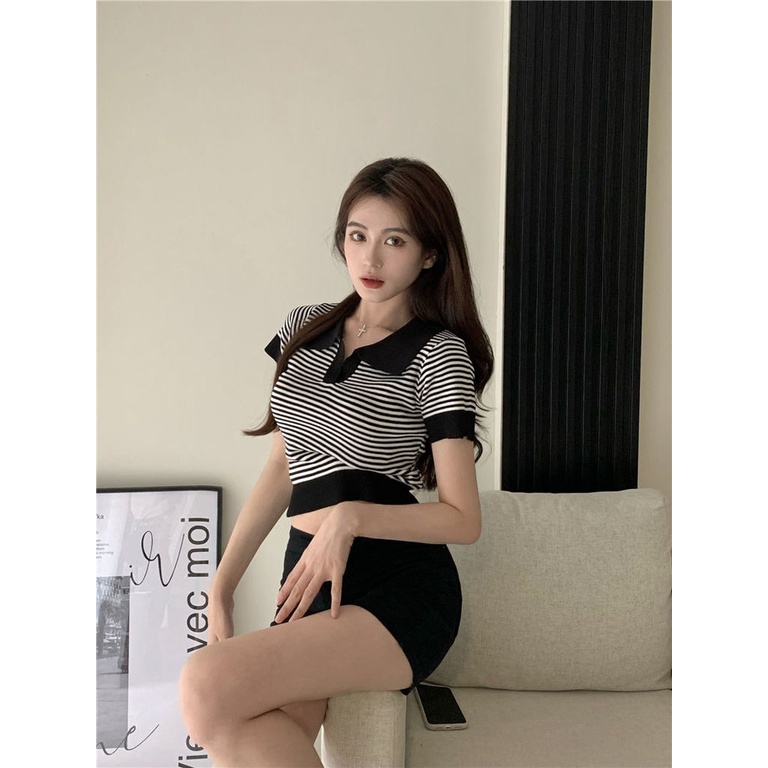 Áo polo Ngắn Tay Cổ Chữ V Họa Tiết Kẻ Sọc Thời Trang Mùa Hè Dành Cho Nữ
