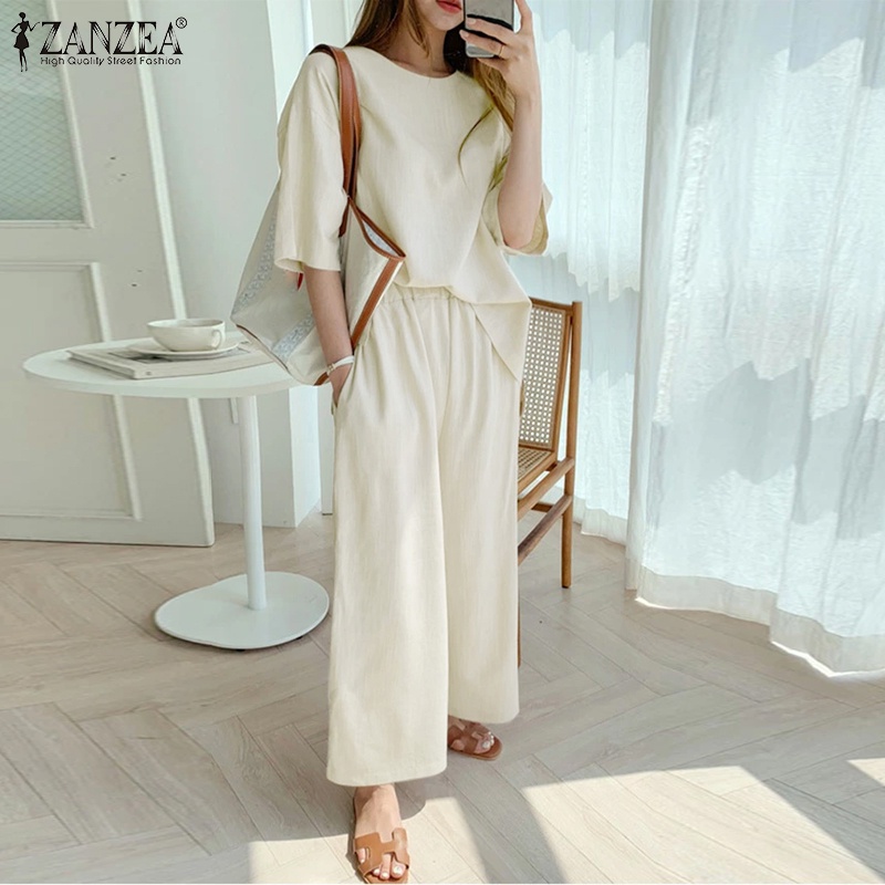 Set đồ Zanzea gồm áo thun tay lửng dáng rộng + quần dài lưng thun thời trang Hàn cho nữ