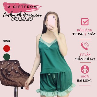 Bộ ngủ nữ, m [HÀNG MAY ĐẸP] Bộ ngủ áo 2 dây, quần đùi thiết kế viền phối màu siêu xinh, có size từ 40kg-80kg, mã BN0017