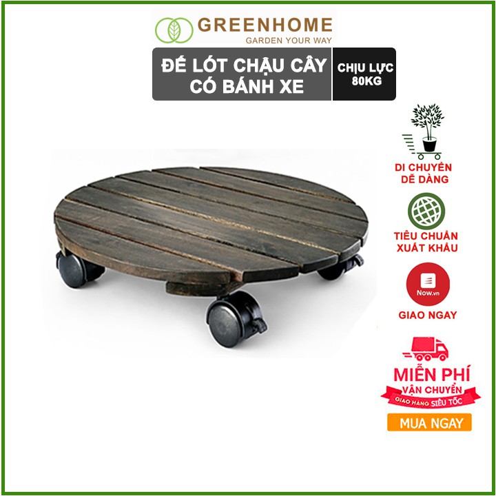 Đế lót chậu cây có bánh xe, hình tròn, màu đen, bằng gỗ, chịu lực 80kg, R30xC8cm |Greenhome